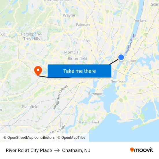 River Rd at City Place to Chatham, NJ map