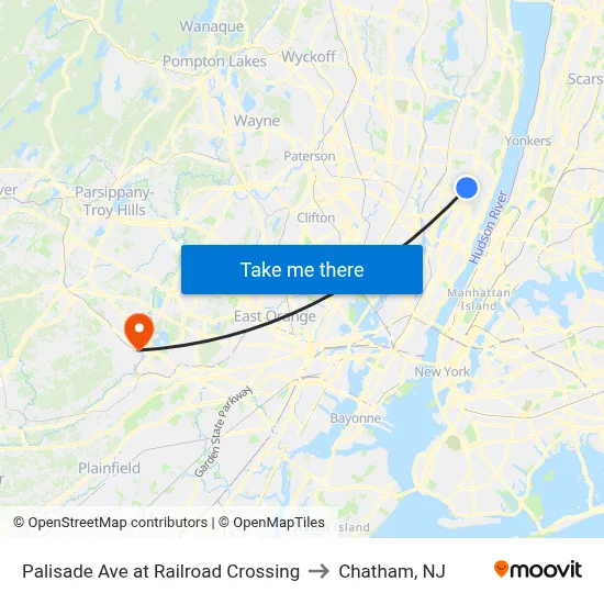 Palisade Ave at Railroad Crossing to Chatham, NJ map