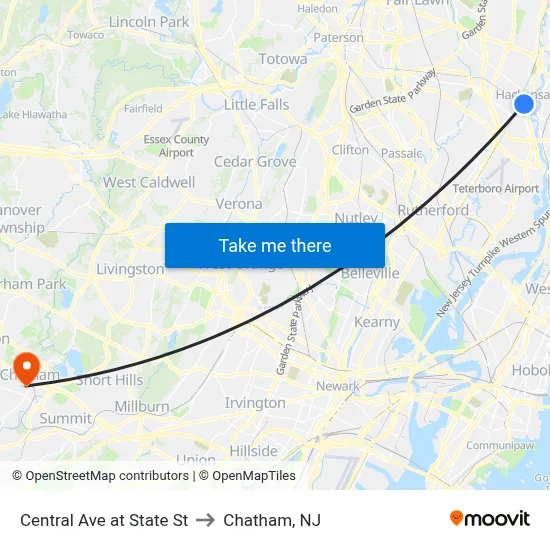 Central Ave at State St to Chatham, NJ map