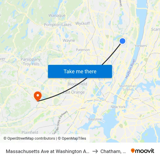 Massachusetts Ave at Washington Ave to Chatham, NJ map