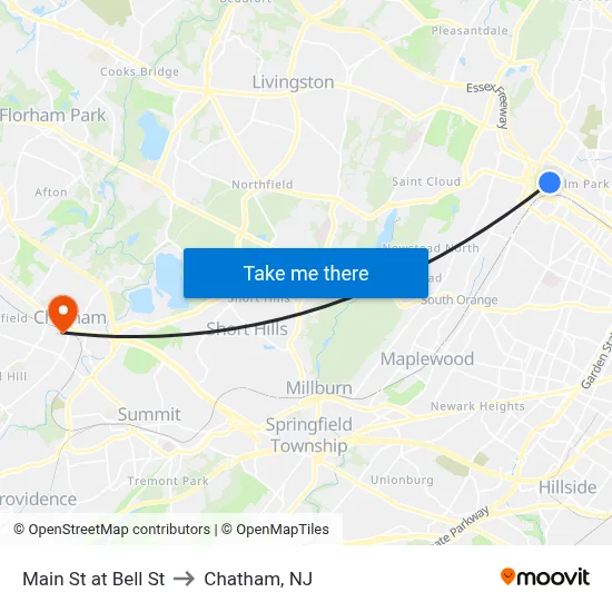 Main St at Bell St to Chatham, NJ map