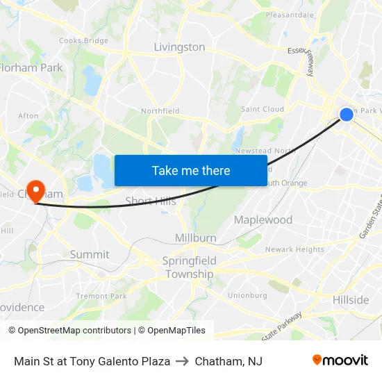 Main St at Tony Galento Plaza to Chatham, NJ map