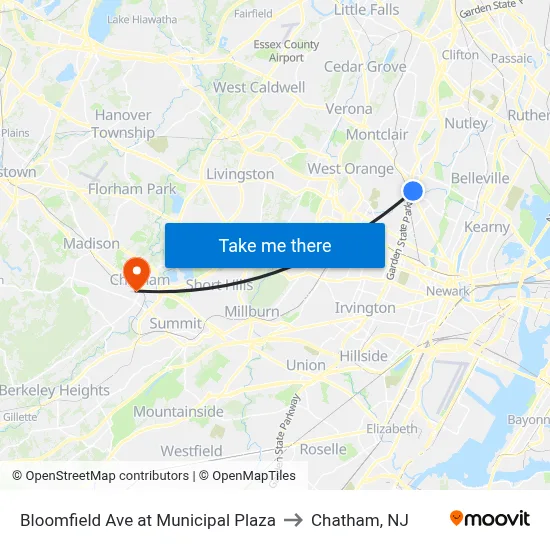 Bloomfield Ave at Municipal Plaza to Chatham, NJ map