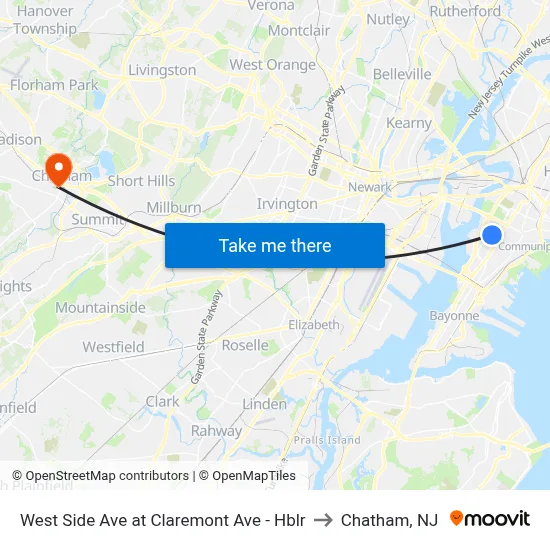 West Side Ave at Claremont Ave - Hblr to Chatham, NJ map