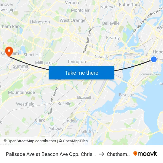 Palisade Ave at Beacon Ave Opp. Christ Hospital to Chatham, NJ map