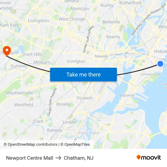 Newport Centre Mall to Chatham, NJ map