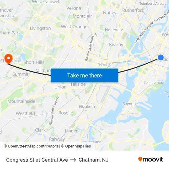 Congress St at Central Ave to Chatham, NJ map