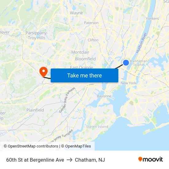 60th St at Bergenline Ave to Chatham, NJ map