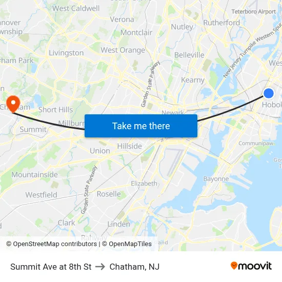 Summit Ave at 8th St to Chatham, NJ map
