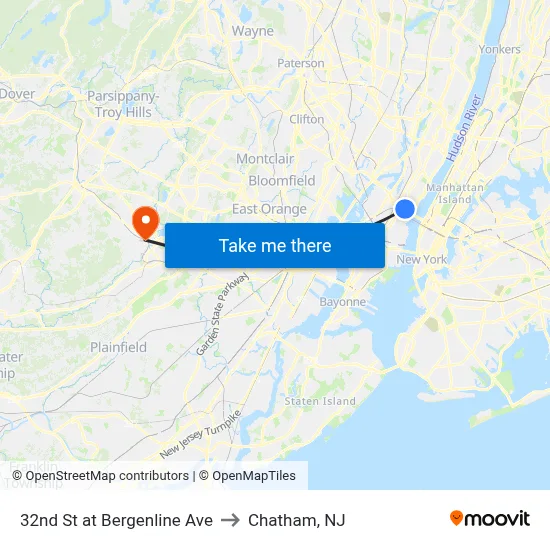 32nd St at Bergenline Ave to Chatham, NJ map