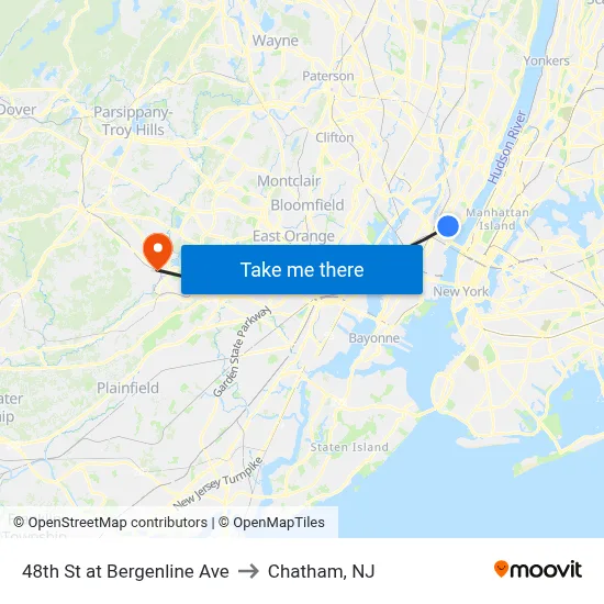 48th St at Bergenline Ave to Chatham, NJ map