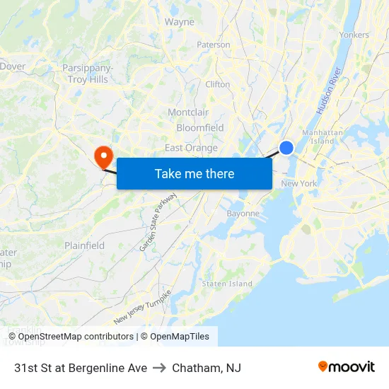 31st St at Bergenline Ave to Chatham, NJ map