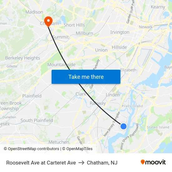 Roosevelt Ave at Carteret Ave to Chatham, NJ map