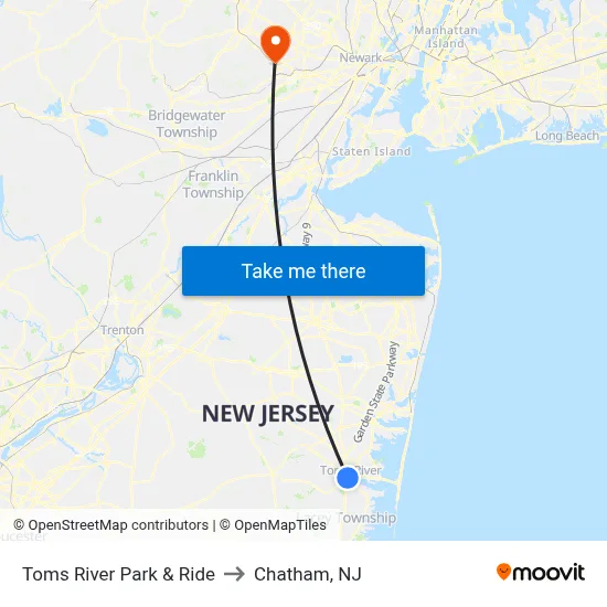 Toms River Park & Ride to Chatham, NJ map