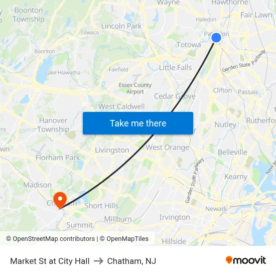 Market St at City Hall to Chatham, NJ map