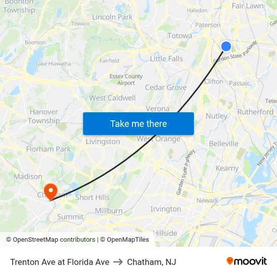 Trenton Ave at Florida Ave to Chatham, NJ map