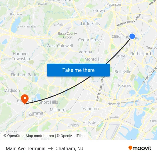 Main Ave Terminal to Chatham, NJ map