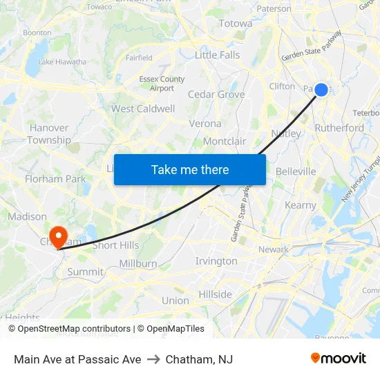 Main Ave at Passaic Ave to Chatham, NJ map