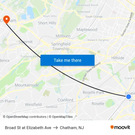 Broad St at Elizabeth Ave to Chatham, NJ map