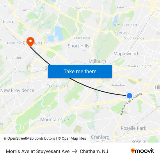 Morris Ave at Stuyvesant Ave to Chatham, NJ map