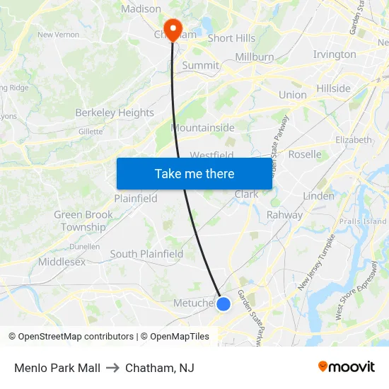 Menlo Park Mall to Chatham, NJ map