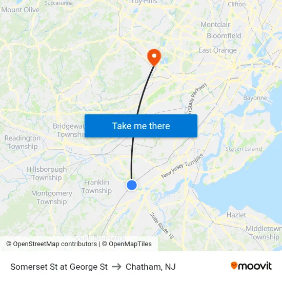 Somerset St at George St to Chatham, NJ map