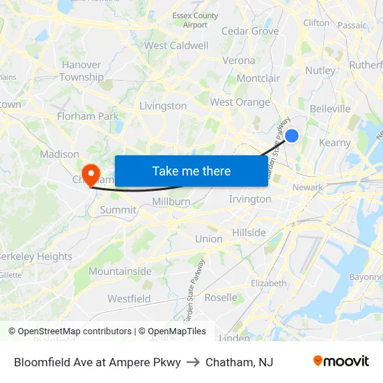 Bloomfield Ave at Ampere Pkwy to Chatham, NJ map