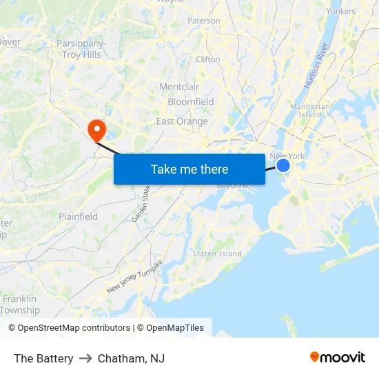 The Battery to Chatham, NJ map