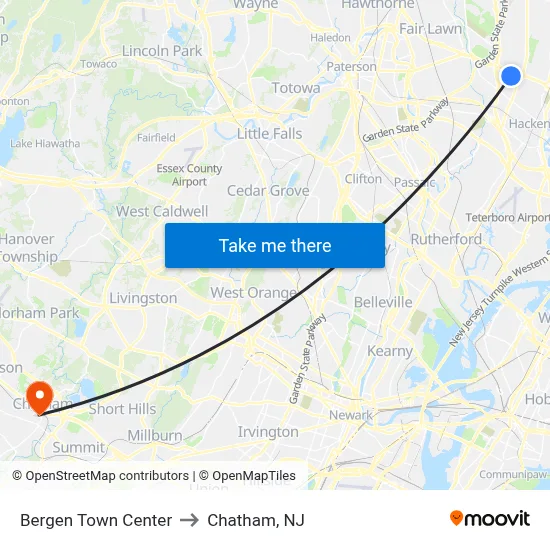 Bergen Town Center to Chatham, NJ map