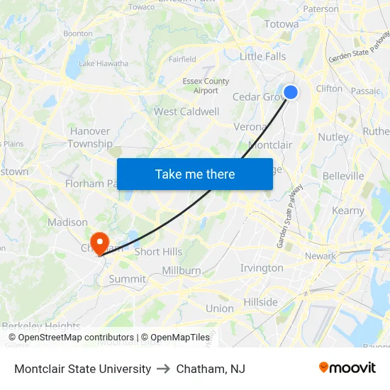 Montclair State University to Chatham, NJ map