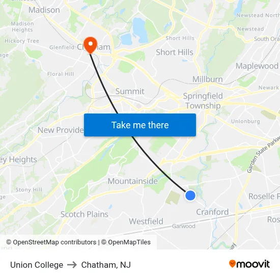 Union College to Chatham, NJ map