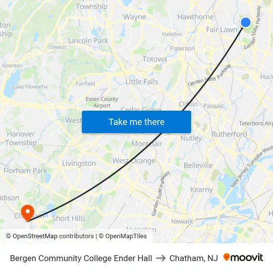 Bergen Community College Ender Hall to Chatham, NJ map