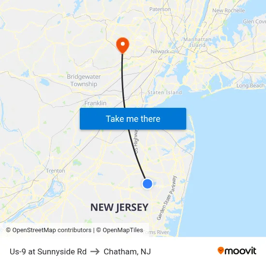 Us-9 at Sunnyside Rd to Chatham, NJ map