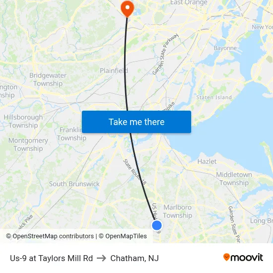 Us-9 at Taylors Mill Rd to Chatham, NJ map