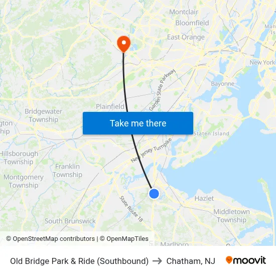 Old Bridge Park & Ride (Southbound) to Chatham, NJ map