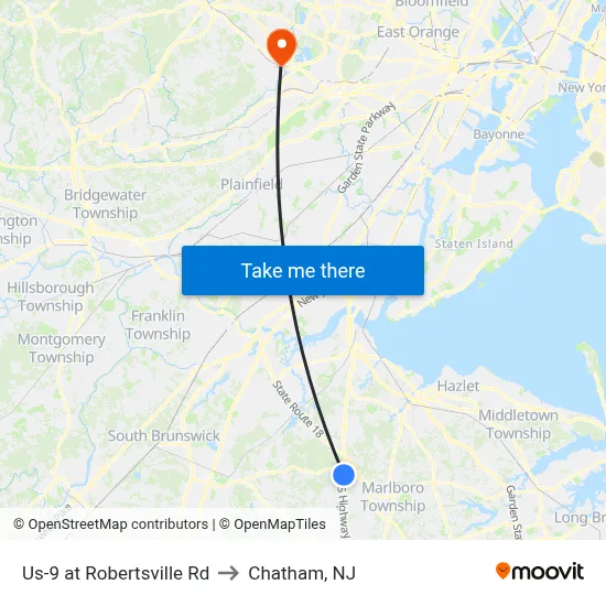 Us-9 at Robertsville Rd to Chatham, NJ map