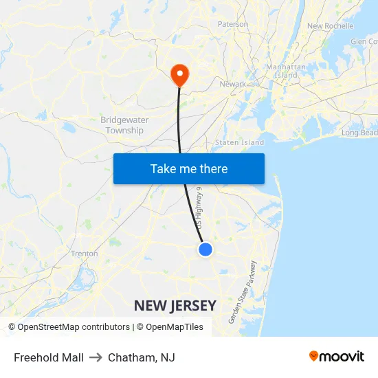 Freehold Mall to Chatham, NJ map