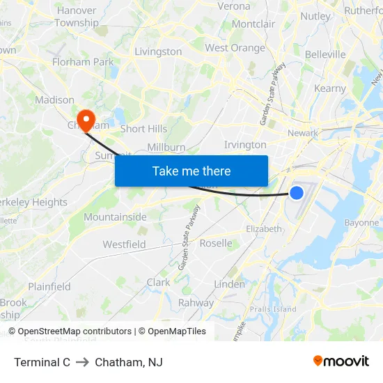 Terminal C to Chatham, NJ map