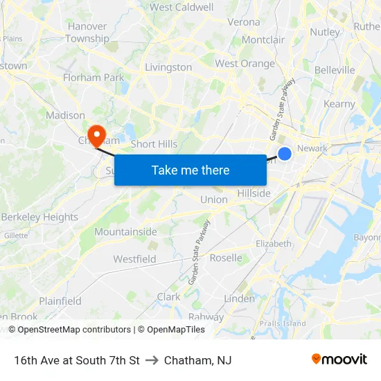 16th Ave at South 7th St to Chatham, NJ map