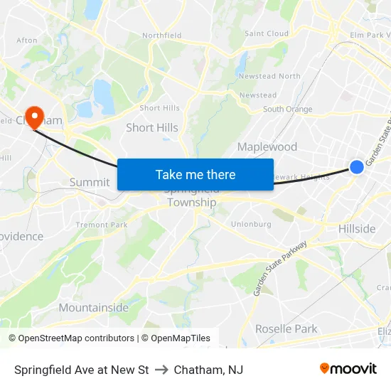 Springfield Ave at New St to Chatham, NJ map