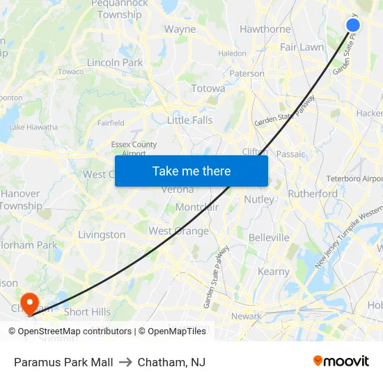 Paramus Park Mall to Chatham, NJ map