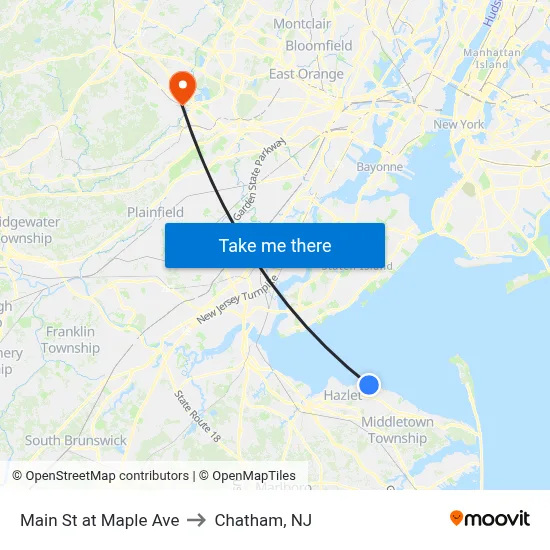 Main St at Maple Ave to Chatham, NJ map