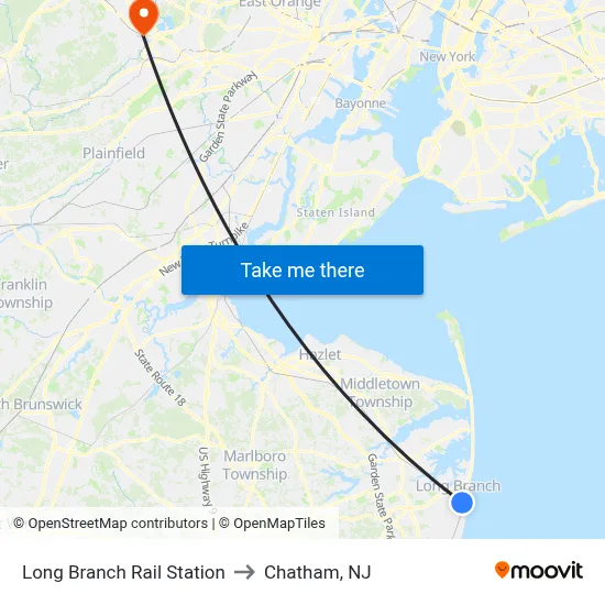 Long Branch Rail Station to Chatham, NJ map
