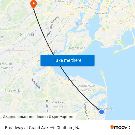 Broadway at Grand Ave to Chatham, NJ map