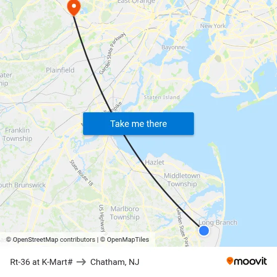 Rt-36 at K-Mart# to Chatham, NJ map