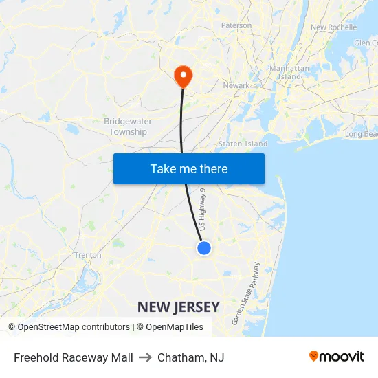 Freehold Raceway Mall to Chatham, NJ map