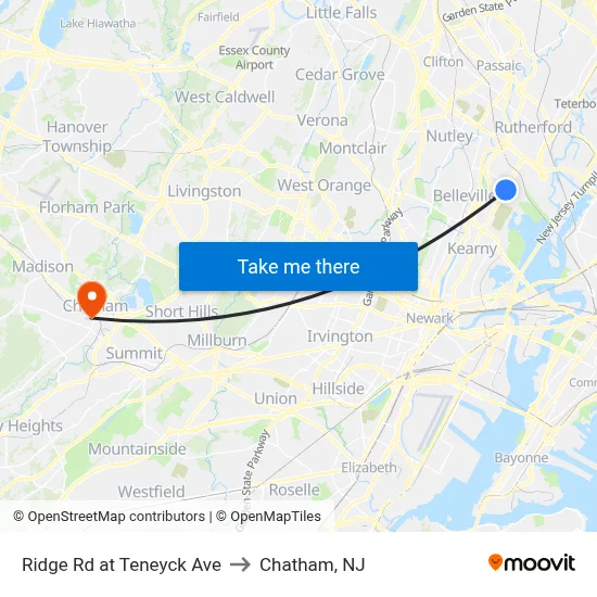 Ridge Rd at Teneyck Ave to Chatham, NJ map