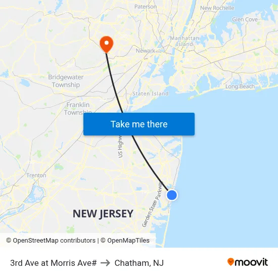 3rd Ave at Morris Ave# to Chatham, NJ map