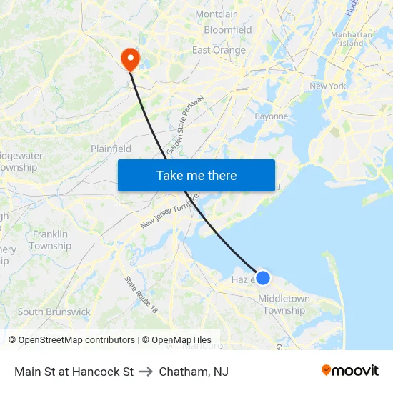 Main St at Hancock St to Chatham, NJ map