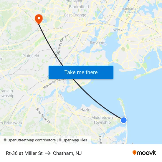 Rt-36 at Miller St to Chatham, NJ map